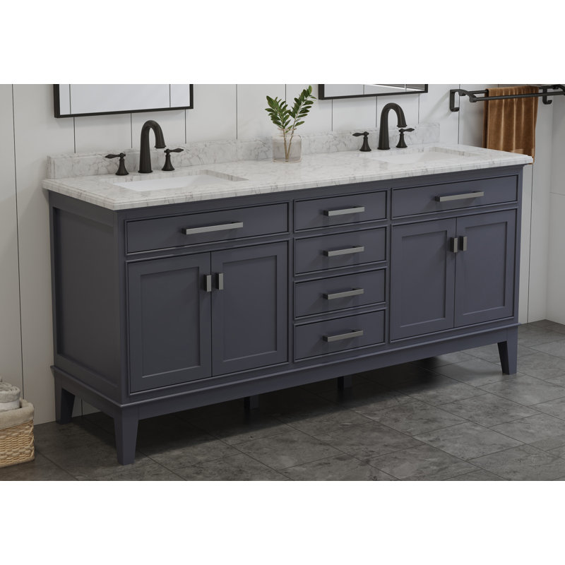 Modern Farmhouse 72" Double Bathroom Vanity with White Stone Sink in Maple Gray Finish, Solid Wood