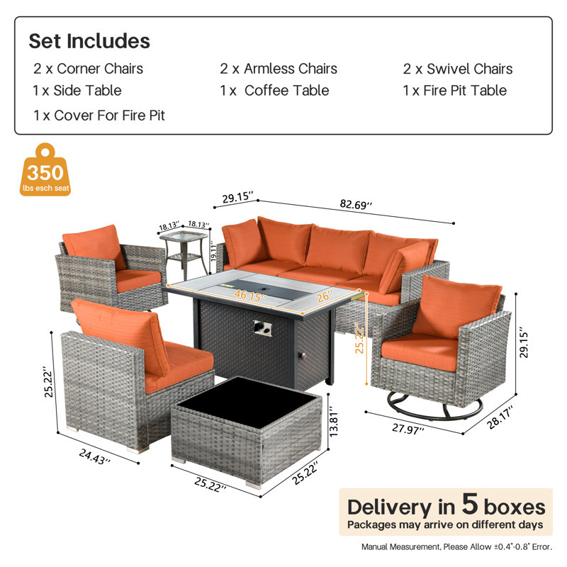 Wicker 6 - Person Outdoor Seating Group With Cushions With Fire Pit Table And Swivel Rocking Chairs, Orange