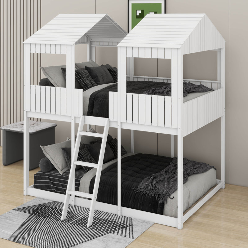 Full Over Full Wood Bunk Bed With Roof,Window, Guardrail, Ladder, White