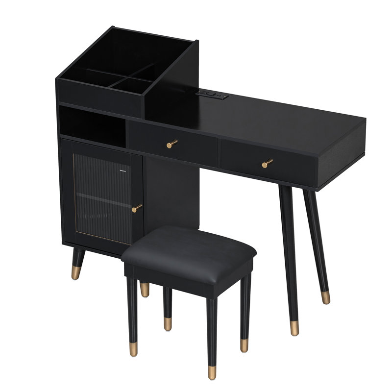 Ensemble de coiffeuse moderne avec tiroirs, armoire et port de charge, ensemble de coiffeuse avec tabouret pour petits espaces