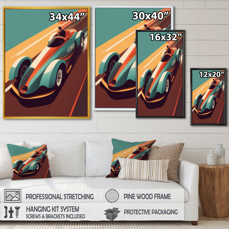 Voiture de course rétro bleue - reproduction sur toile, H 20 po x l 12 po x P 1 po, Toile à cadre flottant doré