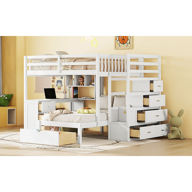 Lit superposé avec bureau, tiroirs et tablettes, White
