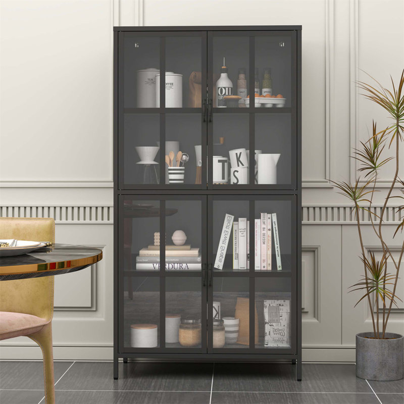 Premium Metal Storage Cabinet With Tempered Glass Doors, Adjustable Shelves, Anti-Tipping Device, And Magnetic Silent Closure For Home And Office Use