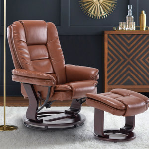 32" Contemporary Leather Recliner and Ottoman with Swiveling Mahogany Wood Base