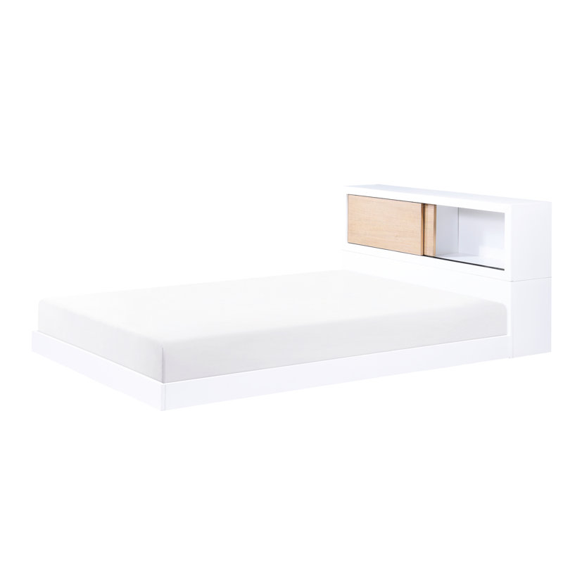 Lit double avec bibliothèque et tête de lit pour enfant, tête de lit blanche, sans sommier, taille compacte avec sommier tapissier, finition à 2 tons, rangement