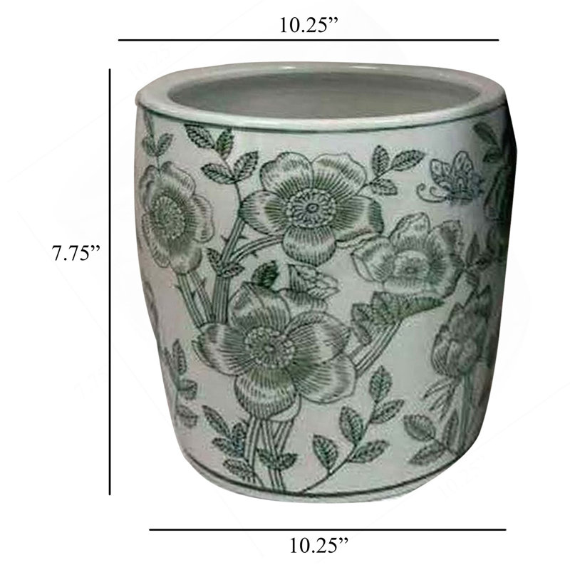 Ensemble de 4 pots à fleurs Kerry, motif floral vert, céramique blanche