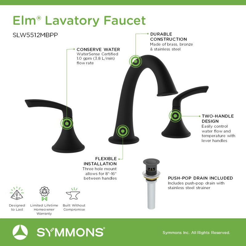 Elm Widespread Faucet with Push Pop Drain, Matte Black