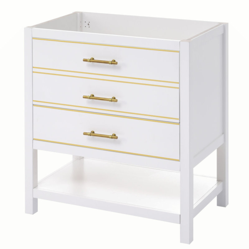 White and Gold 30" Bathroom Vanity Cabinet with Open Storage