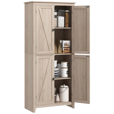 Garde-manger autoportant à 4 portes avec 4 niveaux, tablettes réglables et finition en bois naturel pour un rangement amélioré et un attrait esthétique