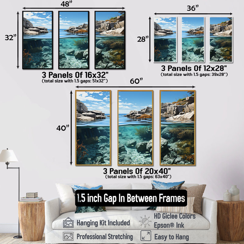 Ensemble de salon d'art mural Wild Coast Beachscape Landscape II, Cadre naturel flottant, H 40 po x l 60 po x P 1 po