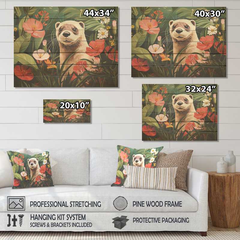 Loutre ludique en fleurs tropicales I - loutre sur bois, H 34 po x l 44 po x P 0,78 po