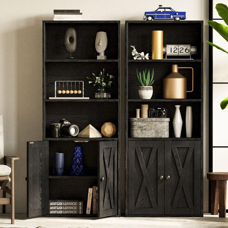 Bibliothèque industrielle à 5 niveaux avec portes, bibliothèque de rangement au sol de 11,8 pouces de profondeur pour la maison, le bureau, le salon ou la chambre à coucher