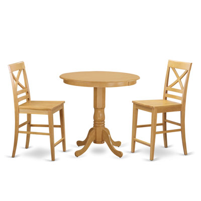 3 Piece Counter Height Dining Set for Small Spaces Contains a Round Wooden Table with Pedestal and 2 Kitchen Chairs, 36x36 Inch, Oak