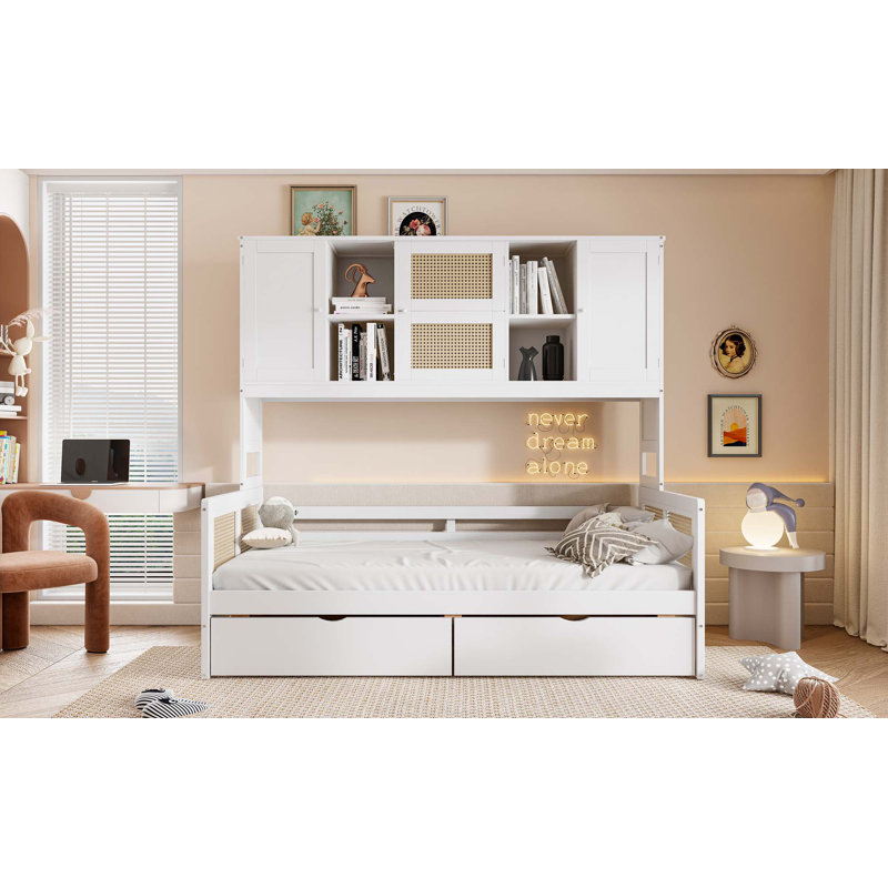 Lit de jour en bois avec 2 tiroirs, armoire et tablette tout-en-un, Simple, Blanc