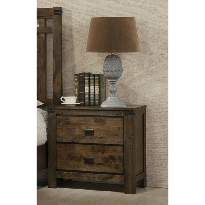Table de chevet en bois massif - Brun rustique avec panneaux et touche industrielle pour table 2 poignées en métal