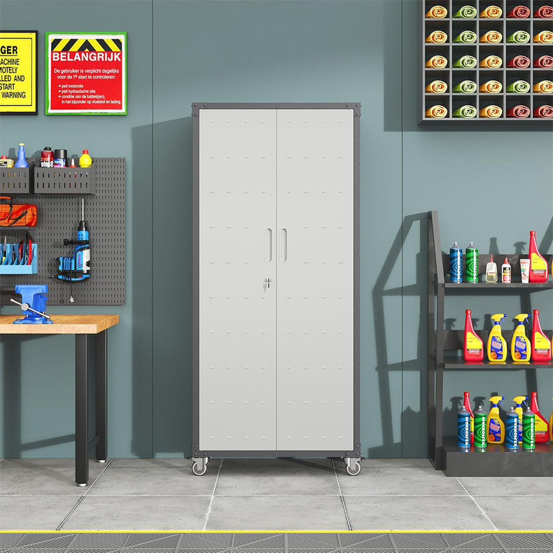 Garage Storage Cabint on Wheels with Locking Doors and 3 Adjustable Shelves, Tall Rolling Steel Cabinets for Garage Warehouse