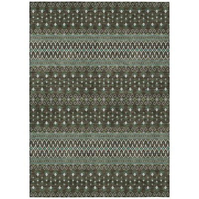 8' X 10' Brown Green And Olive Green Tribal Washable Indoor Outdoor Area Rug