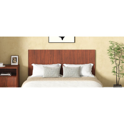 Structure de lit plateforme Mid-Century moderne avec tête de lit tapissier, support de lattes en bois massif, aucun sommier requis, assemblage facile, grand lit, naturel