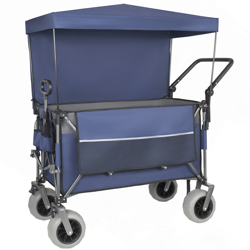 Chariot pliant multifonctionnel à pousser et à tirer avec auvent et poignée rotative, chariot utilitaire de plage grande capacité de 300 L avec pneus de 9 po x 4 po (capacité de 480 lb)