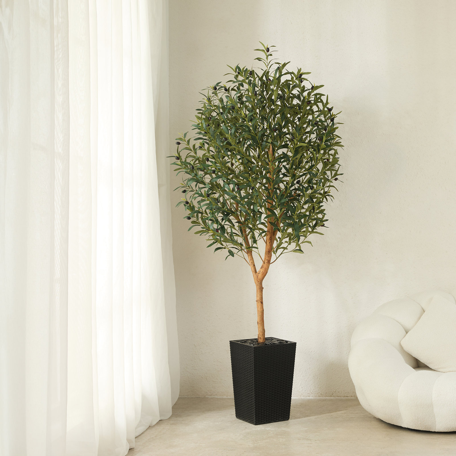 George Artificial Olive Tree with Decorative Pot, UV Resistant Faux Olive Tree with Natural Trunk, Black