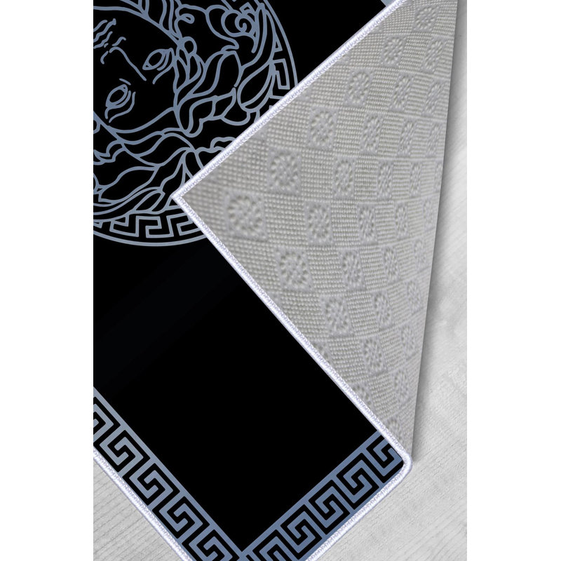 Tapis en polyester tissé à la machine en noir / bleu Hollier, Rectangle 4 pi 7 po x 7 pi 3 po