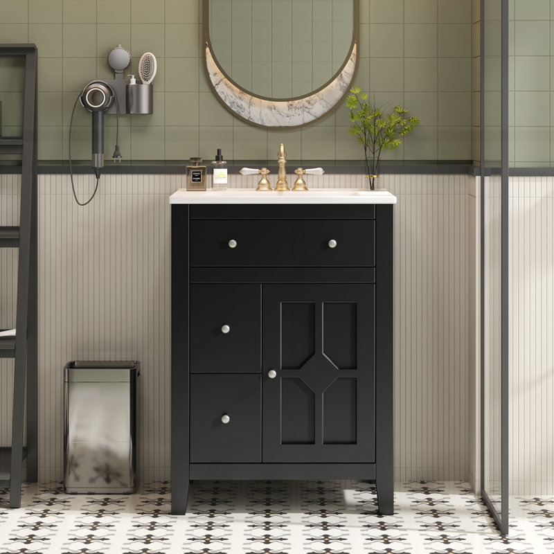 Meuble-lavabo moderne 24 po avec lavabo en céramique, Noir