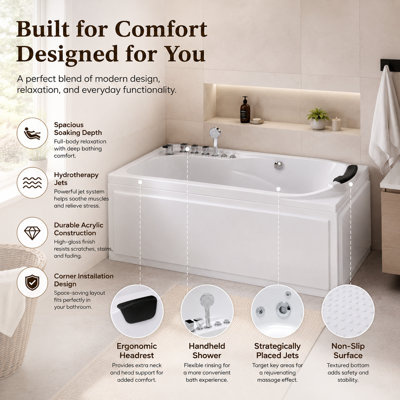 67" Acrylic Whirlpool Bathtub With 8 Hydro Massage Jets, Ergonomic Reclining Soaking Tub With Headrest