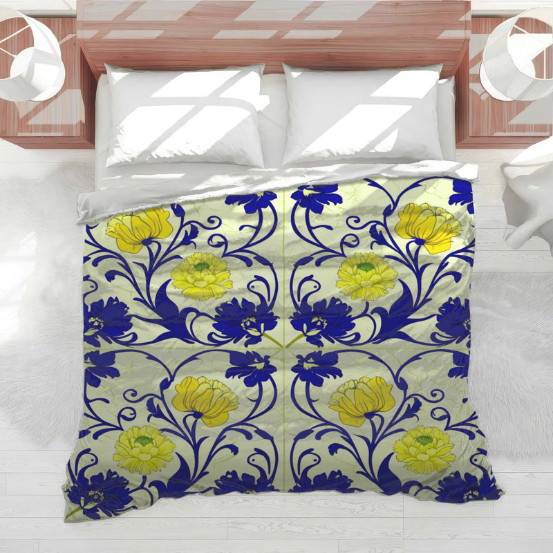 Yellow Blue Floral Comforter, Twin