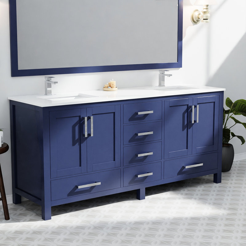 72 po Meuble-lavabo double bleu marine avec comptoir en quartz blanc - Bois massif, fermeture en douceur, égratignures et taches, beaucoup de rangement dans la salle de bain bohémienne, comptoir en bois, portes fermées
