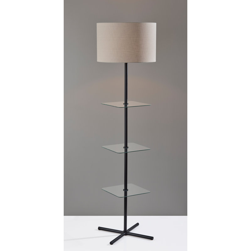 Lampe sur pied Imogen, Finition noire, tablette en verre transparent