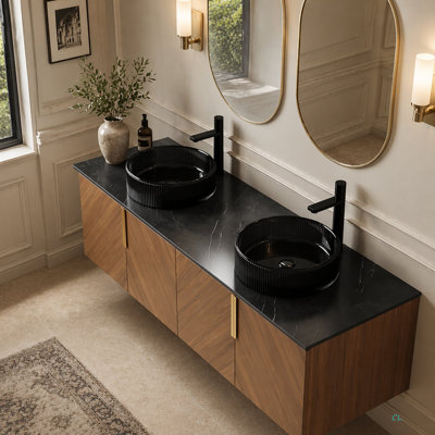 Meuble-lavabo de salle de bain ARAI, armoire de rangement murale moderne en contreplaqué avec portes doubles, lavabo rond en verre transparent et comptoir en pierre frittée