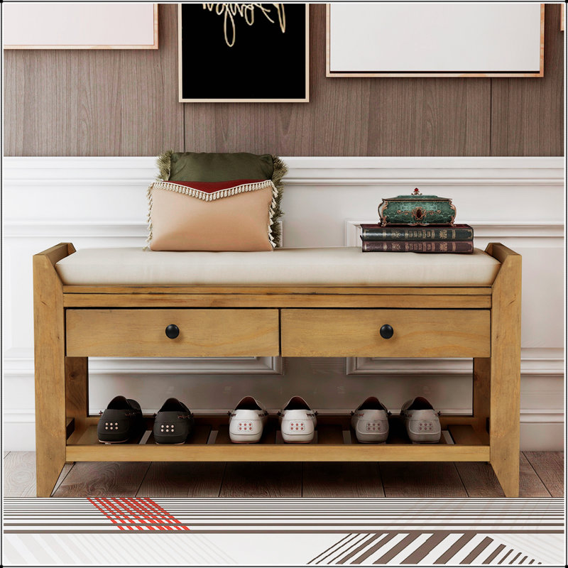 Range-chaussures avec siège rembourré et tiroirs, banc de rangement polyvalent pour entrée, Bois de pin vieilli