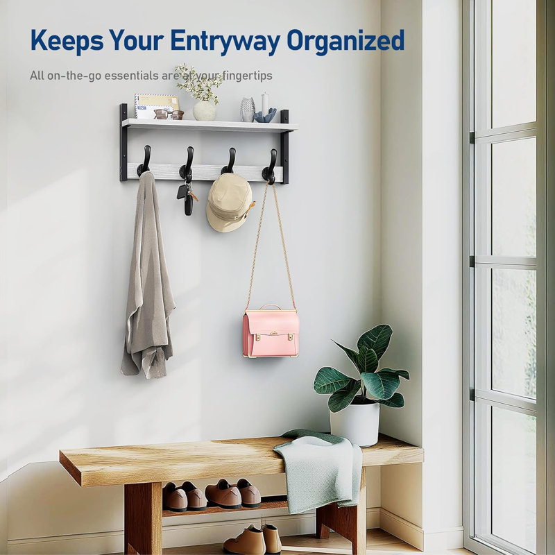 20" Rustic Coat Rack Wall Mount With Shelf, Wall Hooks With Shelf, Heavy Duty Entryway Organizer Hangers, White