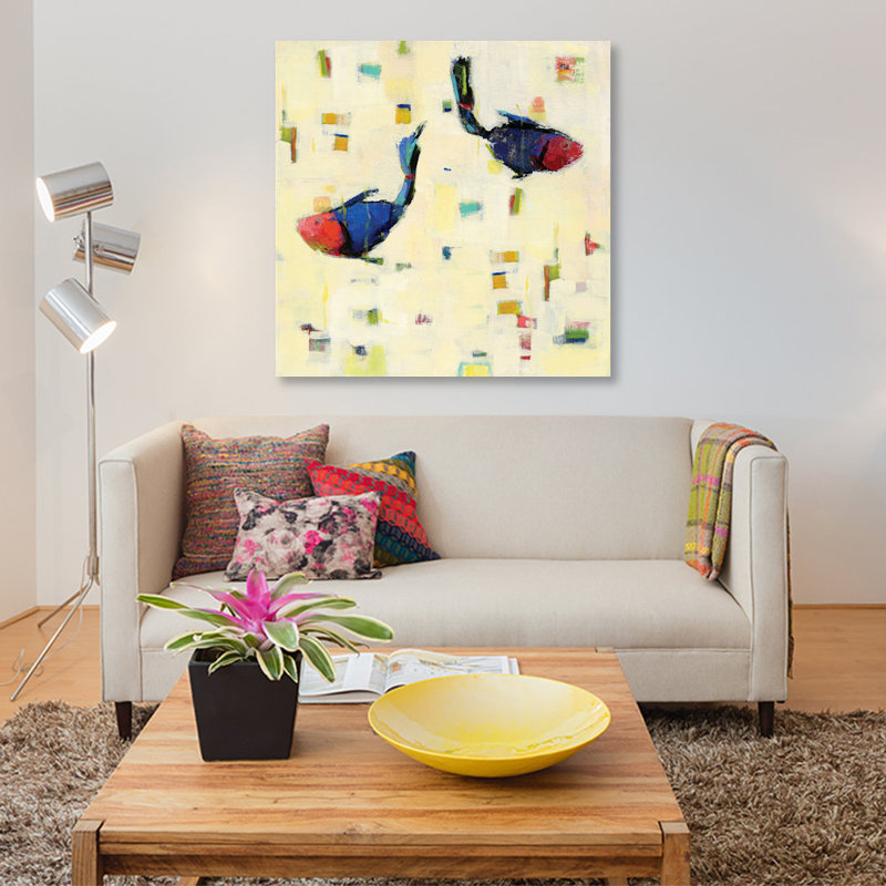 " One Fish, Two Fish " by Phyllis Adams, 26" H x 26" W x 1.5" D, No Mat, Wrapped Canvas