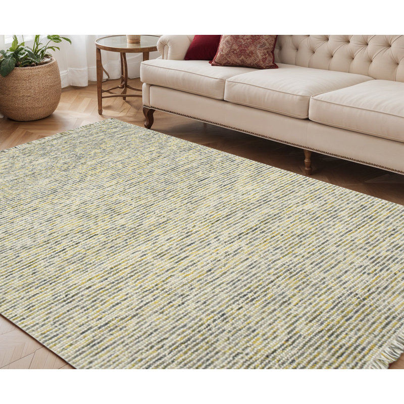 Tapis rayé en laine tissé à la main 2 pi x 3 pi ivoire et gris avec franges, Rectangle 2' X 3'