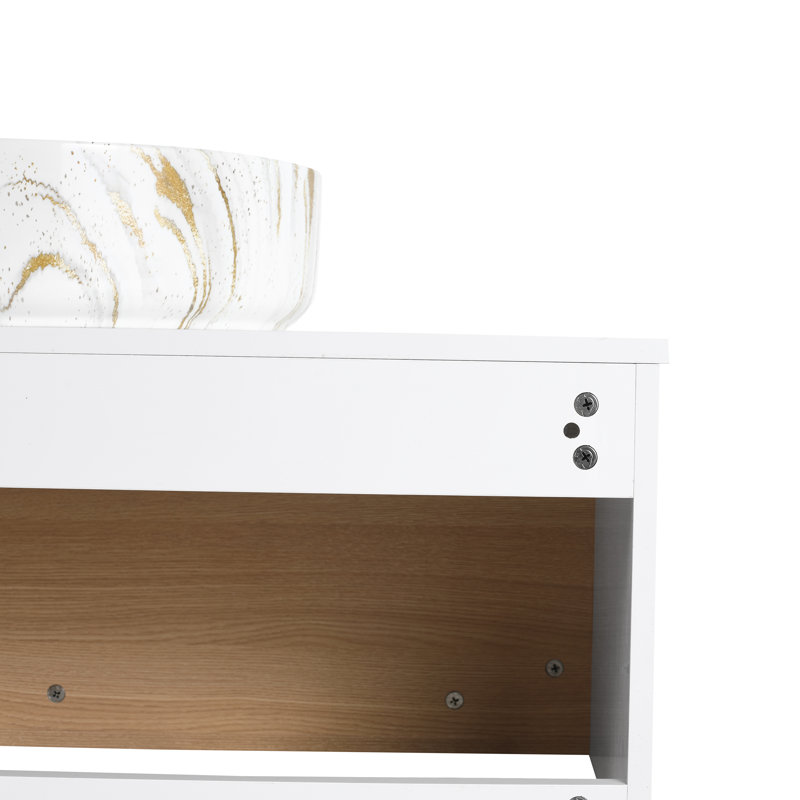 Meuble-lavabo flottant de 36 po avec lavabo vasque en marbre veiné doré, meuble-lavabo mural avec tablette ouverte, finition blanche avec décor en bois, conception moderne peu encombrante (livré en 2 boîtes)