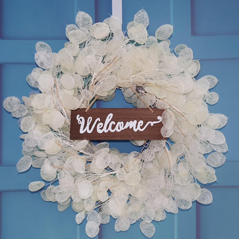 Couronne Boho Winter / Fall - jaune et crème - couronne d'eucalyptus artificiel et de lunaire pour porte d'entrée, porche ou décor de maison de campagne à l'année