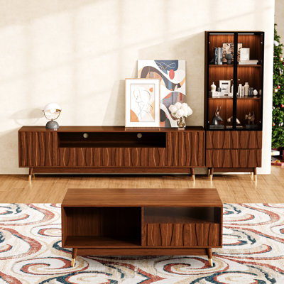 Walnut Finish Entertainment Center with TV Stand, Coffee Table and 3-tier Glass Display Case with Drawers for Living Room, Luxury Mid-century Modern Wood Media Console Set of 3 with Drawers and Storage up to 75" TVs, Brown