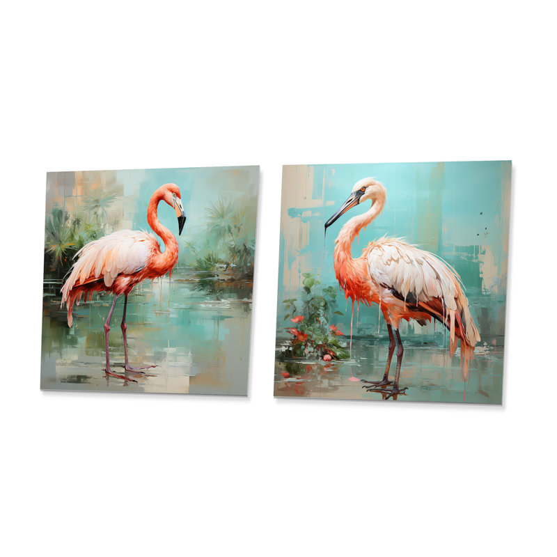 Flamant rose et vert Elegance I - flamant rose, ensemble de 2 carrés, H 16 po x l 32 po