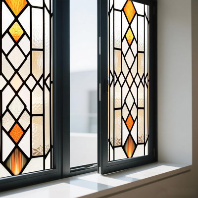 Privacy Window Film Stained Glass Window Cling Geometric Diamond Design Decorative Static Cling Window Sticker For Bathroom Kitchen Entry Door 17.7 X 39.3 Inch