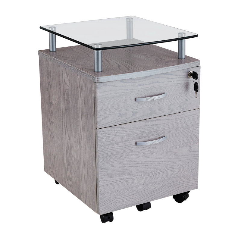 Classeur à roulettes avec plateau en verre, Gris