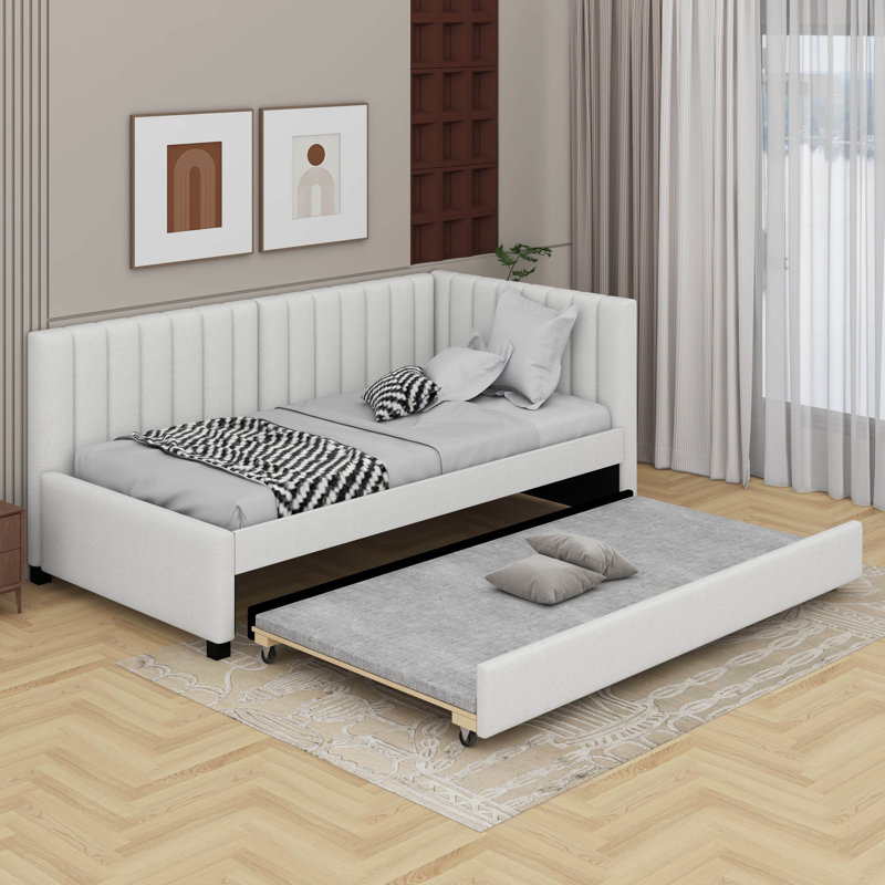 Twin Size Sofa Bed Upholstered Daybed With Trundle, Beige
