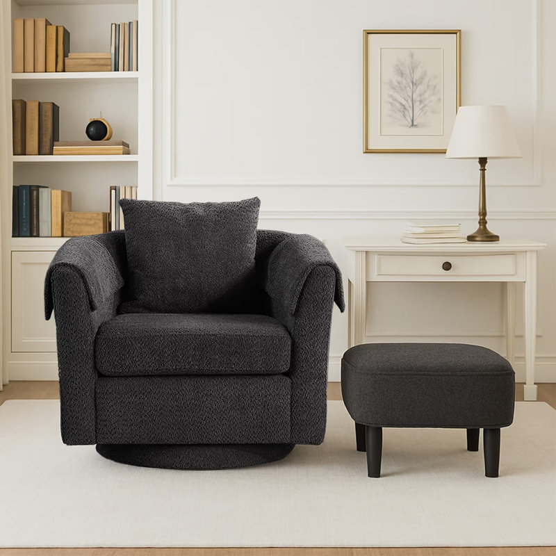 Chenille Swivel Accent Chair with Ottoman, Black