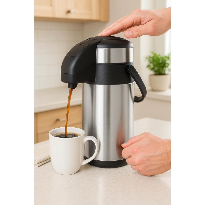Stainless Steel Pump Action Airpot 5 Litre – Double Wall Insulated Hot & Cold Drinks Dispenser With Carry Handle, Anti-Spillage Locking Lid, Durable & Compact