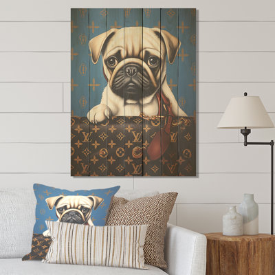 Fashion Brand Pug With Hand Bag IV - Dog On Wood Print
