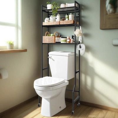 Étagère de rangement autoportante à 3 niveaux avec roulettes, support de rangement au-dessus de la toilette avec porte-papier hygiénique et crochets, conception moderne peu encombrante pour la salle de bain, la salle de lavage ou la cuisine