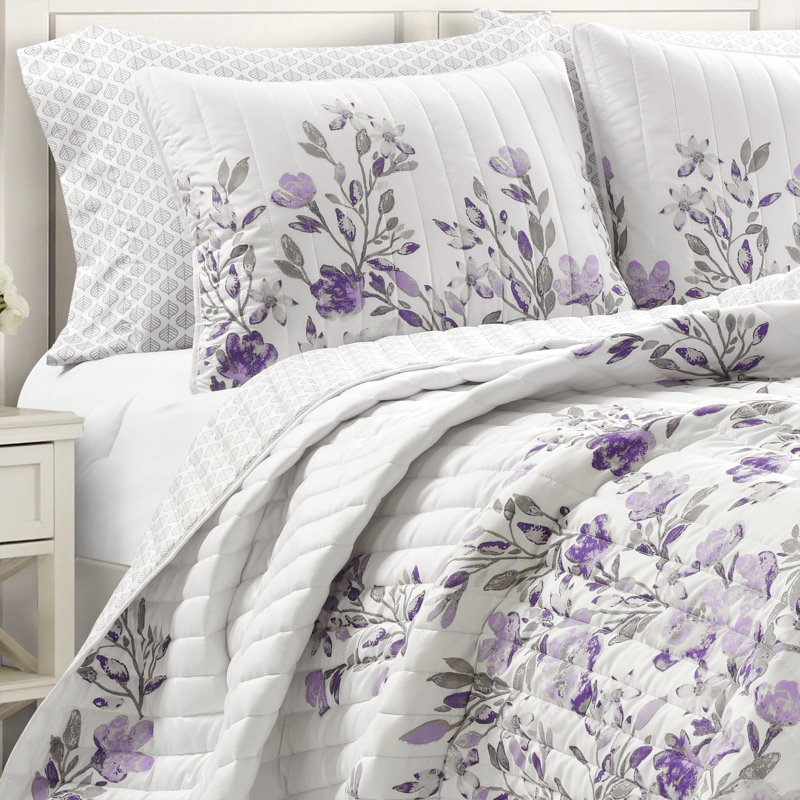 Gray and Purple Floral Reversible Microfiber Full Quilt Set
