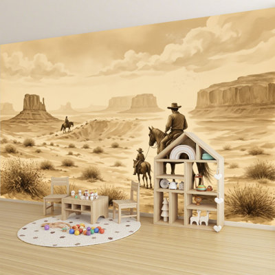 Papier peint auto-adhésif Cowboys Ride Horses Across Desert Landscape sépia murales, papier peint amovible en PVC H 100 po x l 144 po, adhésif mural pour chambre à coucher, bureau à domicile