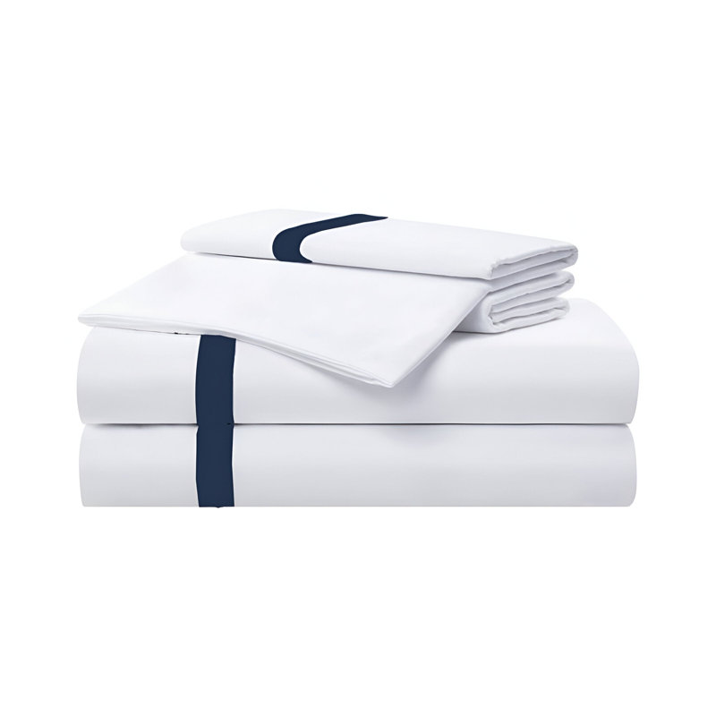 400TC Cotton Sateen Border Frame Cotton 4 Piece Sheet Set Fitted Sheet Fits Upto 16" Deep Pocket, Full Sheet Set, Navy Blue