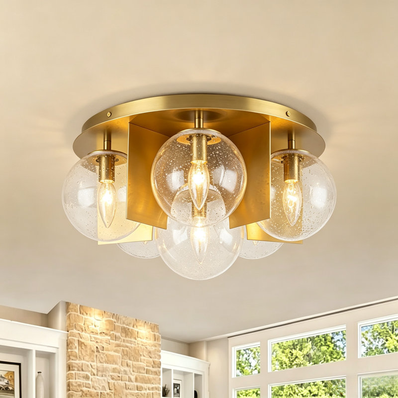 6-Light Modern Brass Finish Bubble Glass Flush Mount Ceiling Light